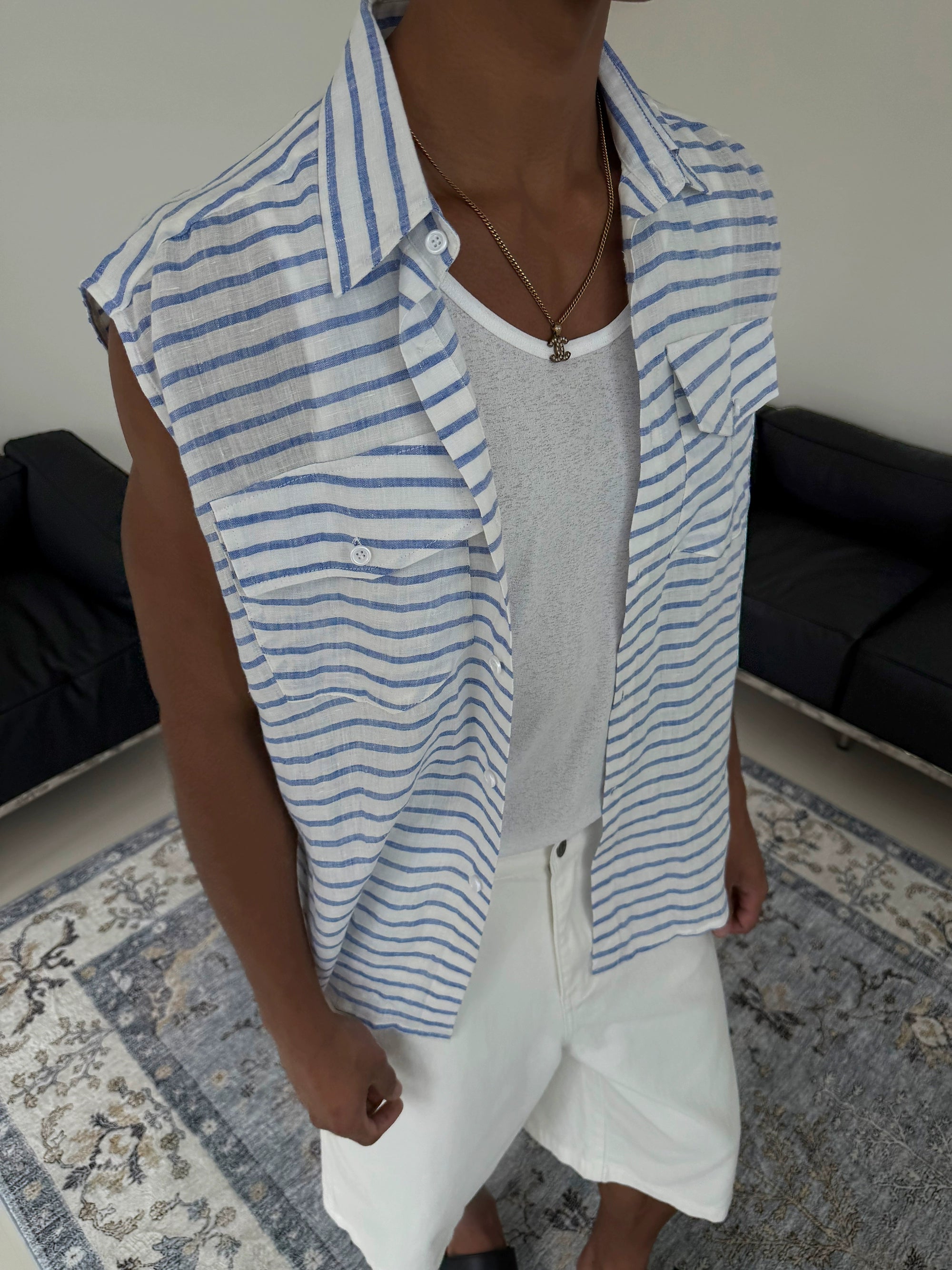 Sleeveless Blue Stripe Shirt