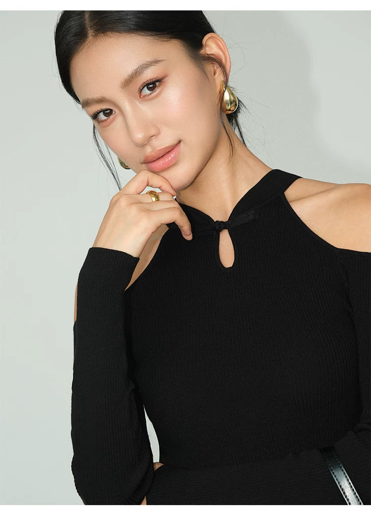 Keyhole Cutout Cold‑Shoulder Knit Top