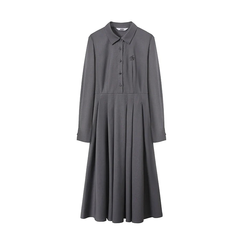 Classic Shirt Dress: Elegant Long-Sleeve Midi with Pleated Skirt