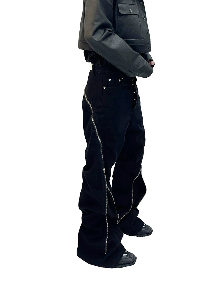 Black Wide-Leg Jeans with Exposed Curved Zippers