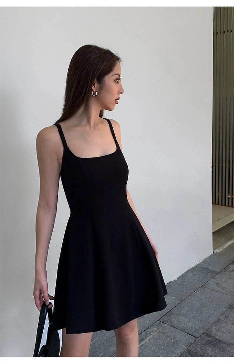 Summer Collection: Black Square-Neck A-Line Dress - chiclara