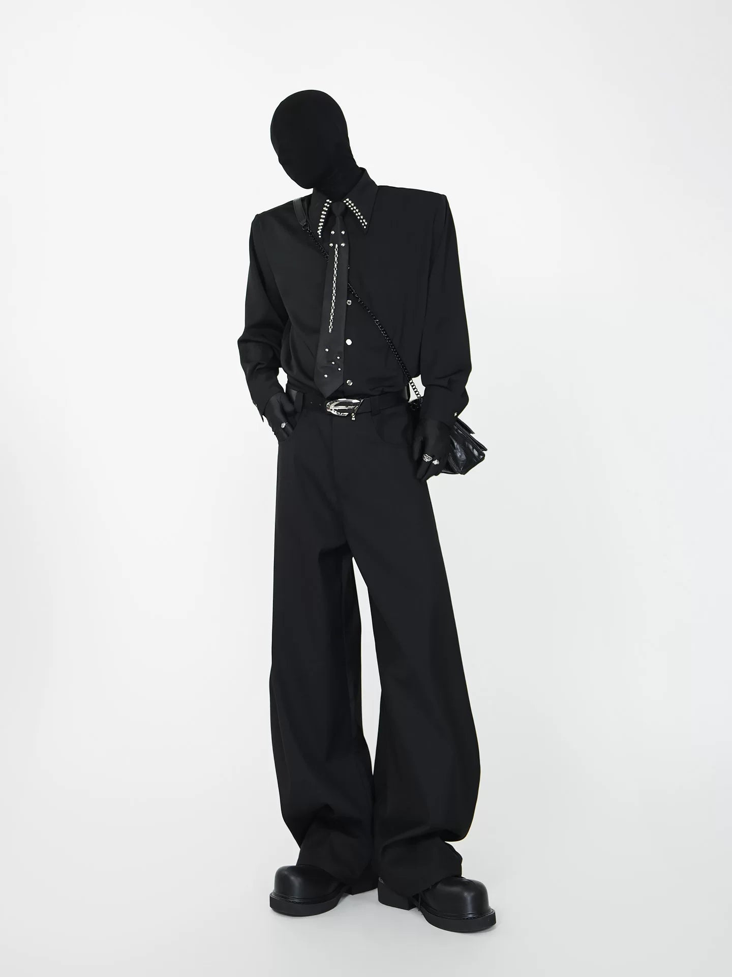 Crystal Crest Studded Collar Shirt & Chain Tie Set