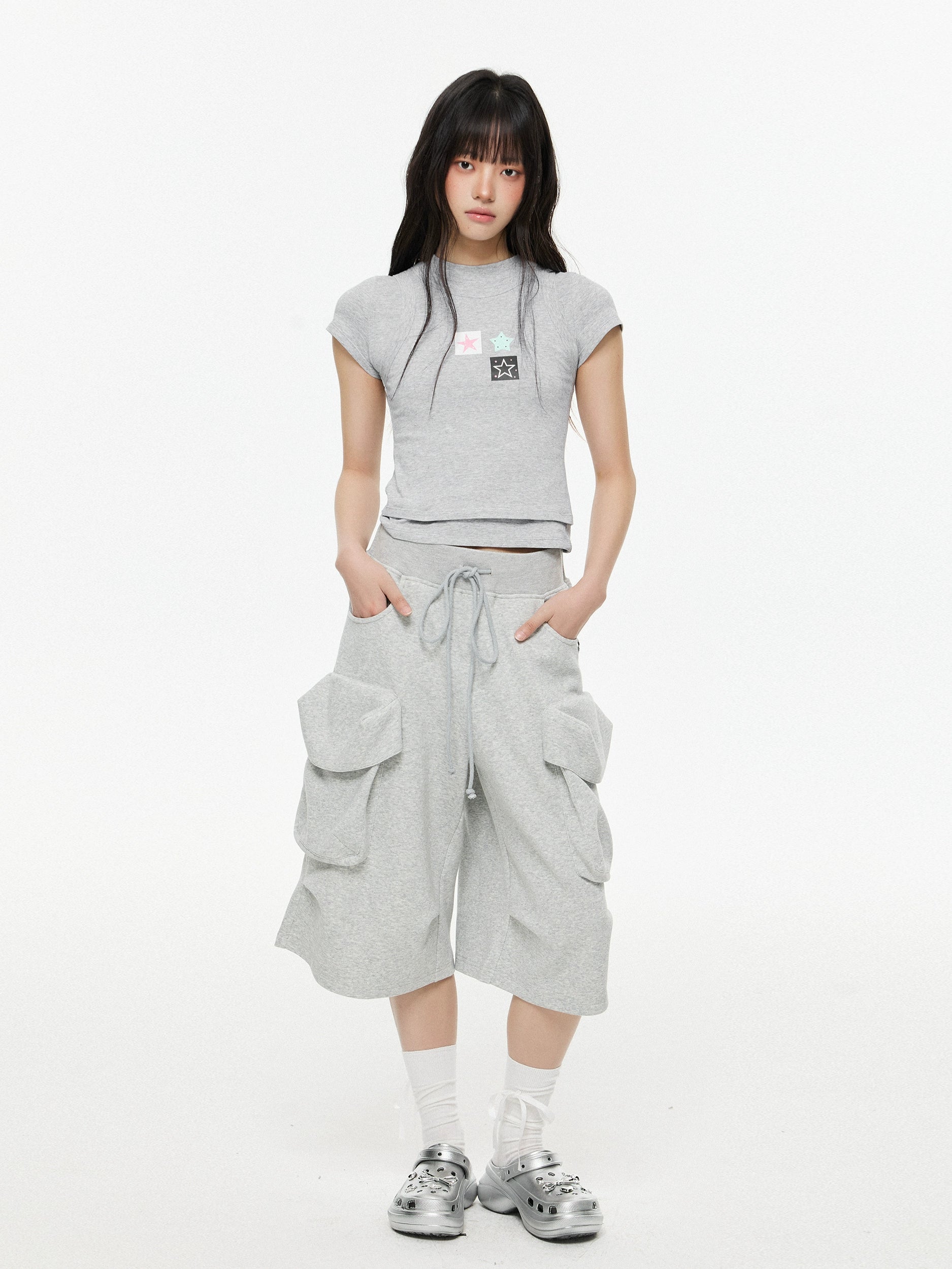 Loose Fit Drawstring Cargo Bermuda Length Shorts