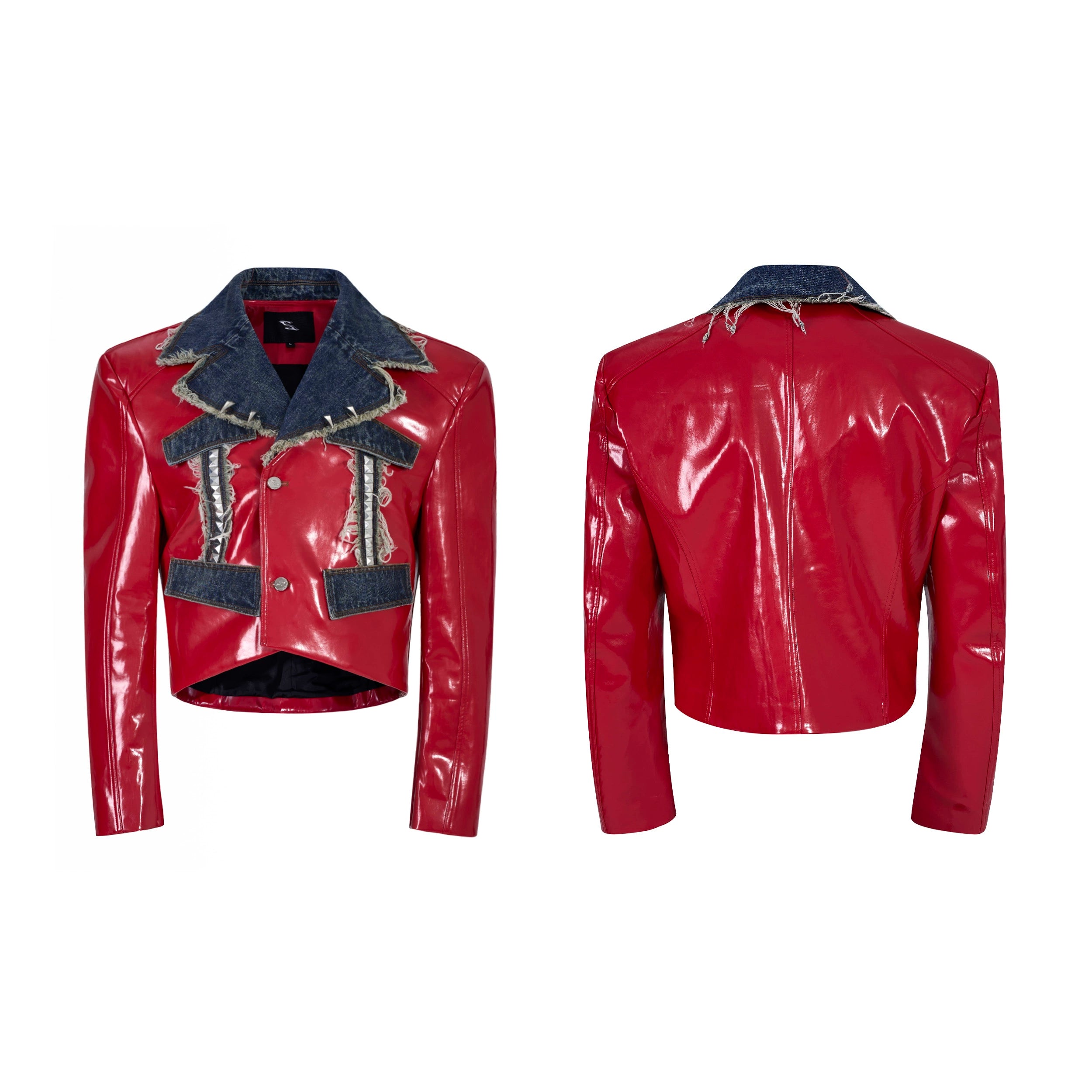 Red Patent Vinyl and Denim Patchwork Jacket and Pants Setup