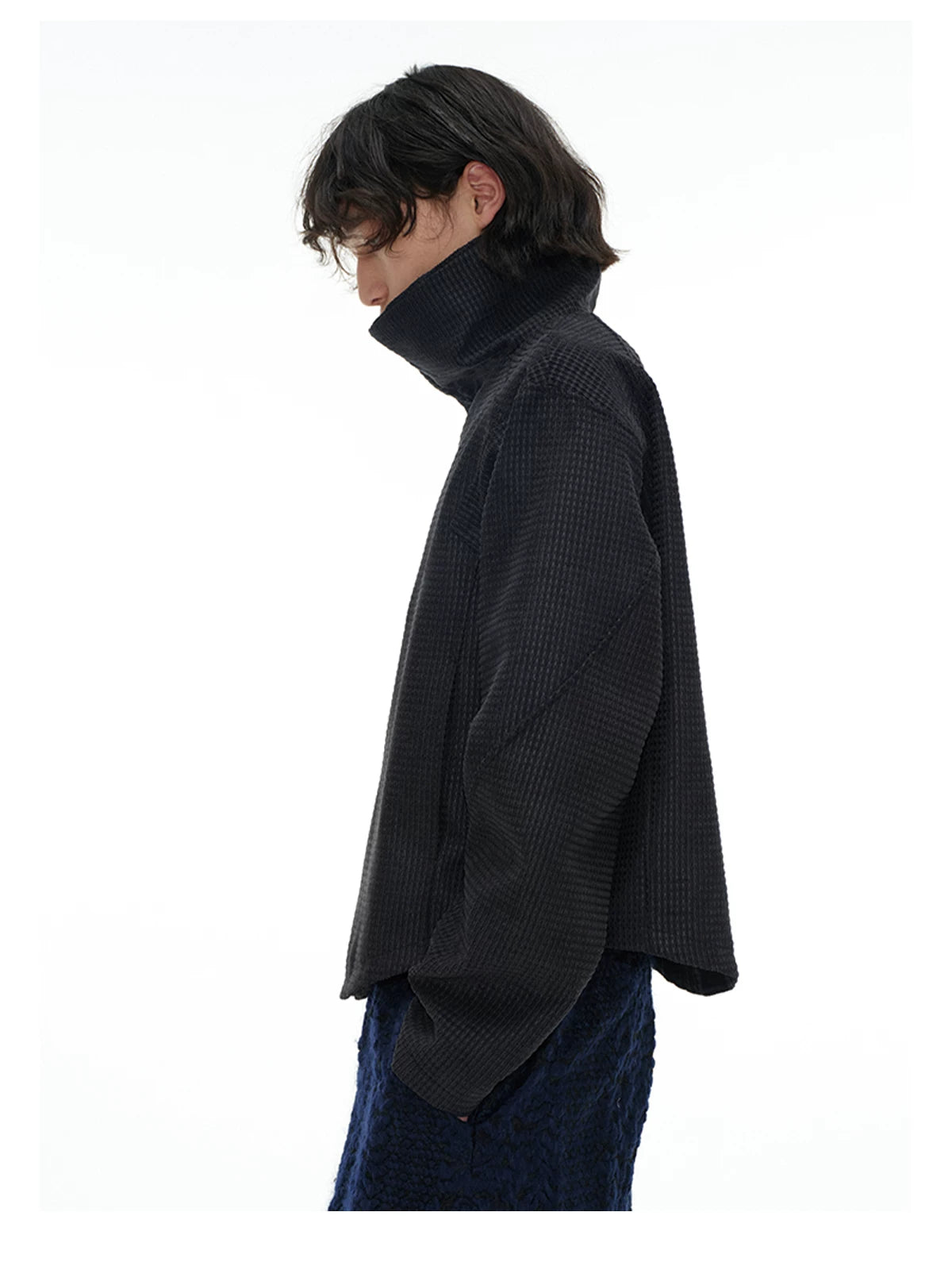 Black Textured Asymmetric-Collar Jacket
