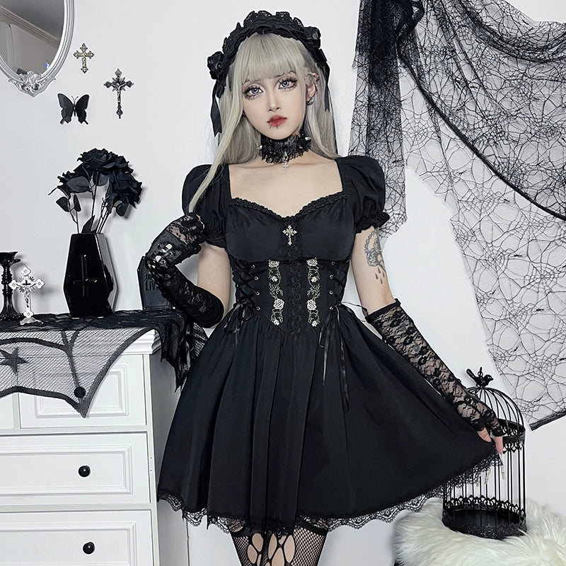 Wannathis Gothic Lolita Dress Set - Black Corset Mini Dress With Lace Bolero And Gloves