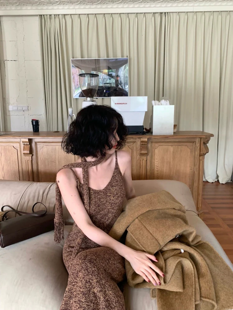 Sleeveless Knit Maxi Dress with Fringe Hem