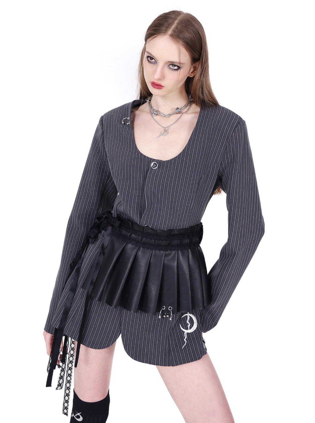 PINKSPINK Gothic Pinstripe Peplum Jacket - Charcoal Gray