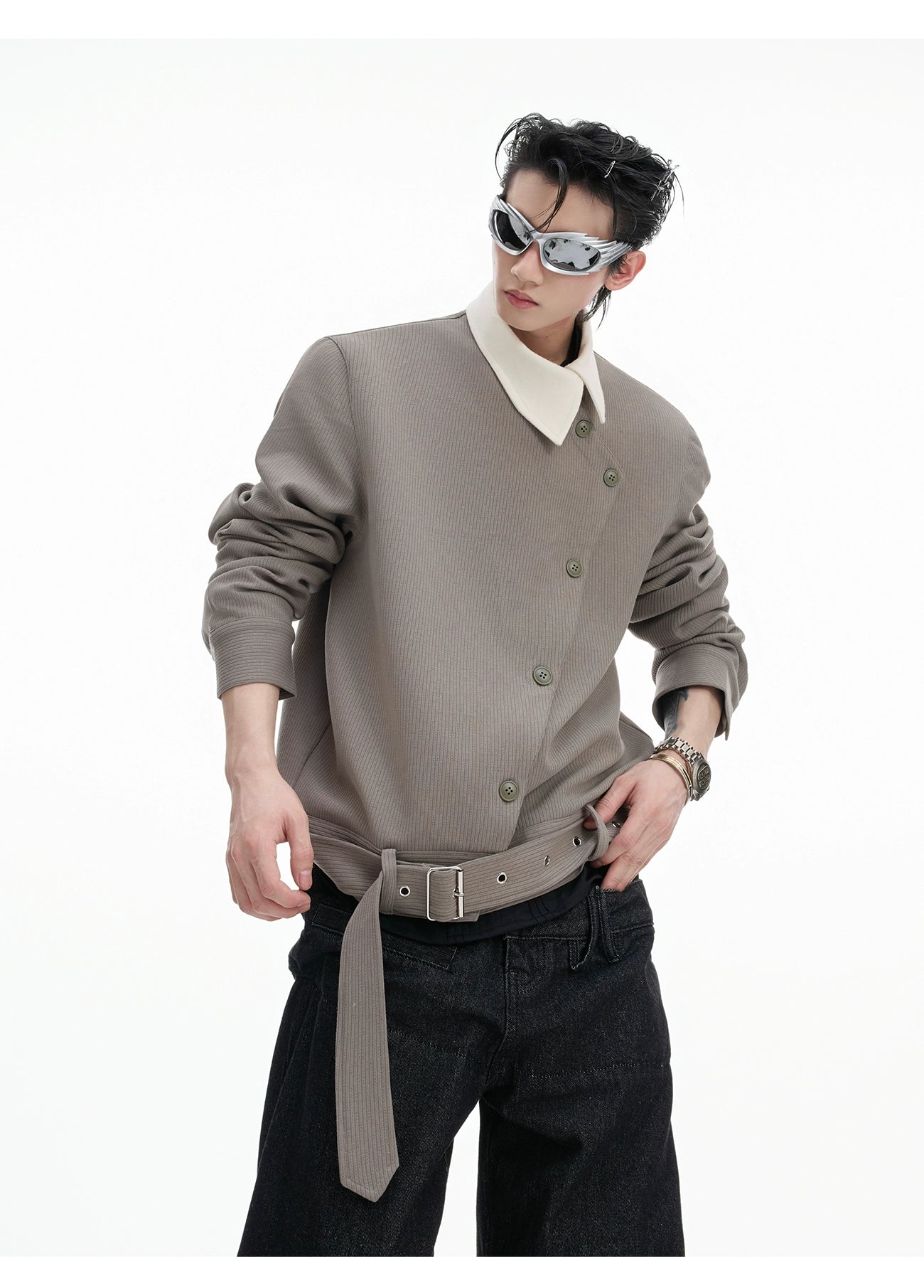 Asymmetrical Buttoned Jacket with Wide Collar and Belt