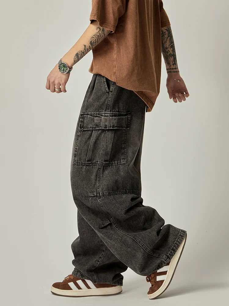 Drawstring Wide Leg Washed Cargo Pants