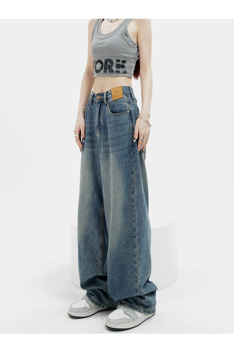 Blue Retro Loose Straight-Leg High-Waist Floor-Length Jeans - chiclara