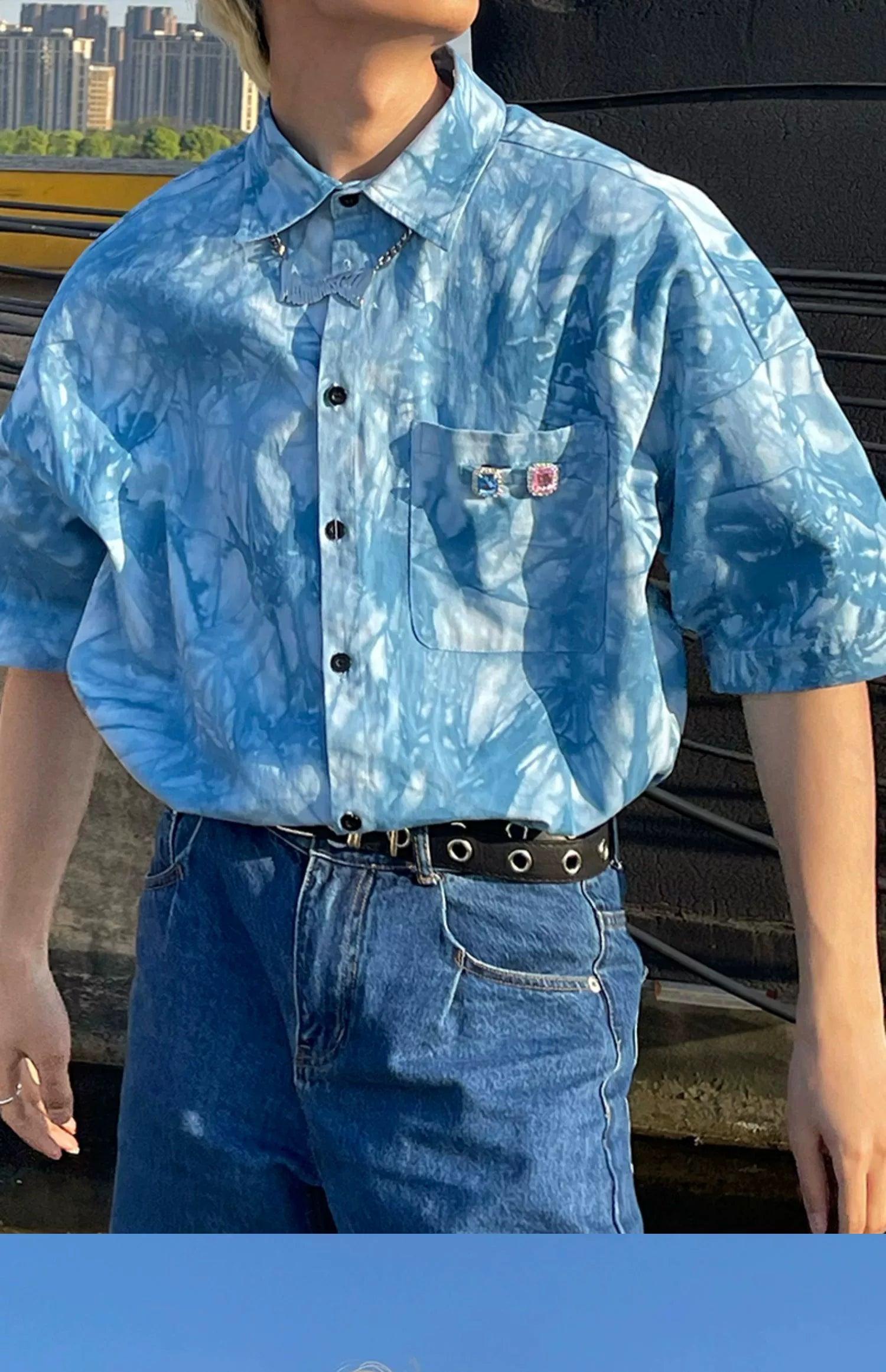 Blue Tie-Dye Short Sleeve Button-Up Shirt