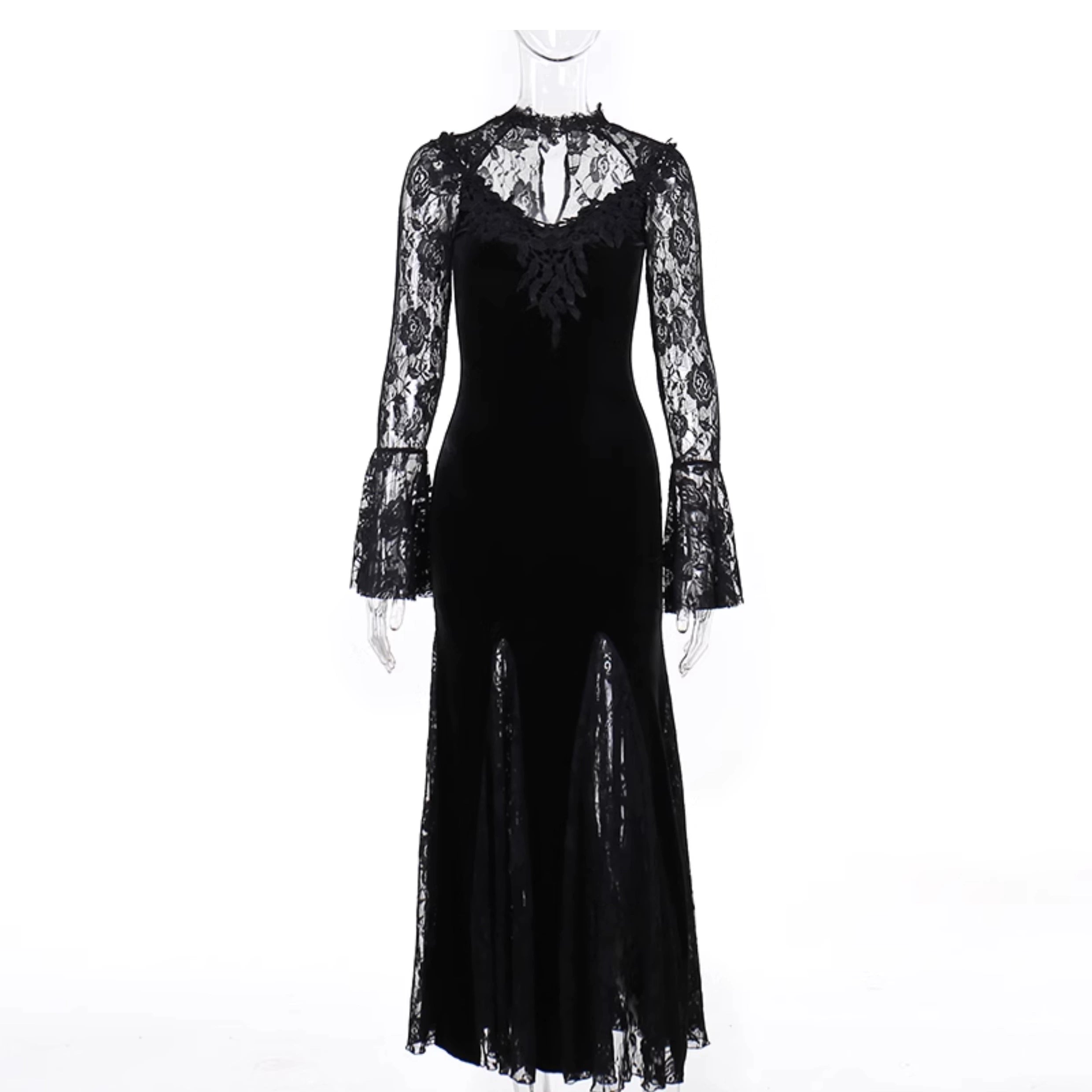 Wannathis Gothic Velvet Mermaid Gown - Long Sleeve Lace Floor-Length Dress With High Collar