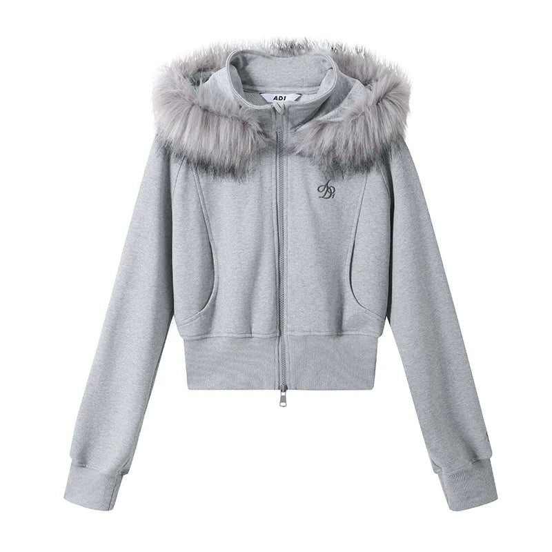 Cropped Fur-Trimmed Hoodie: Zip-Up Sweatshirt with Logo Embroidery