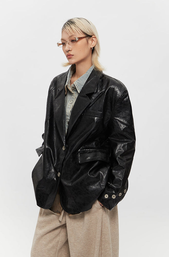 Glossy Oversized Leather Blazer Jacket