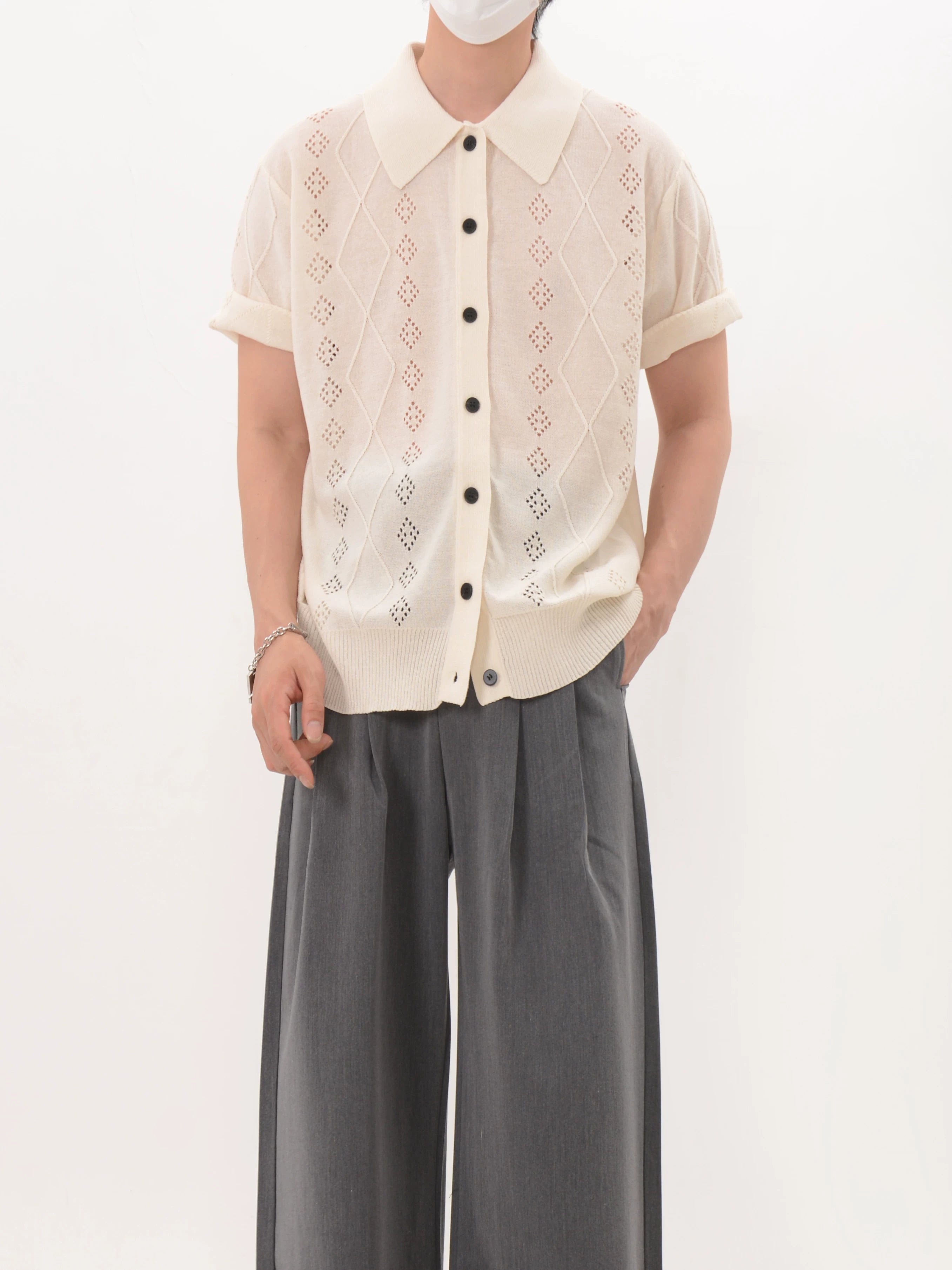 Lattice Knit Polo Cardigan