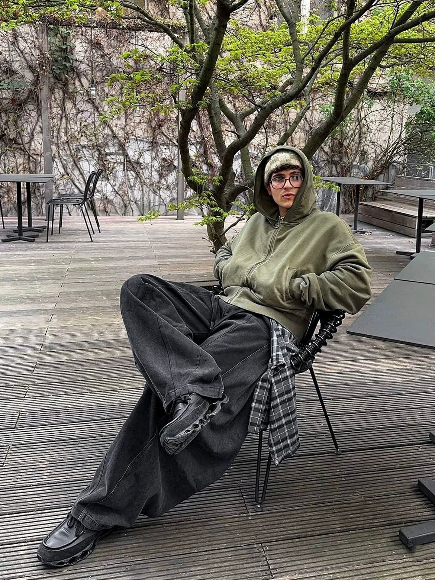 Layered Plaid Balloon Denim Pants