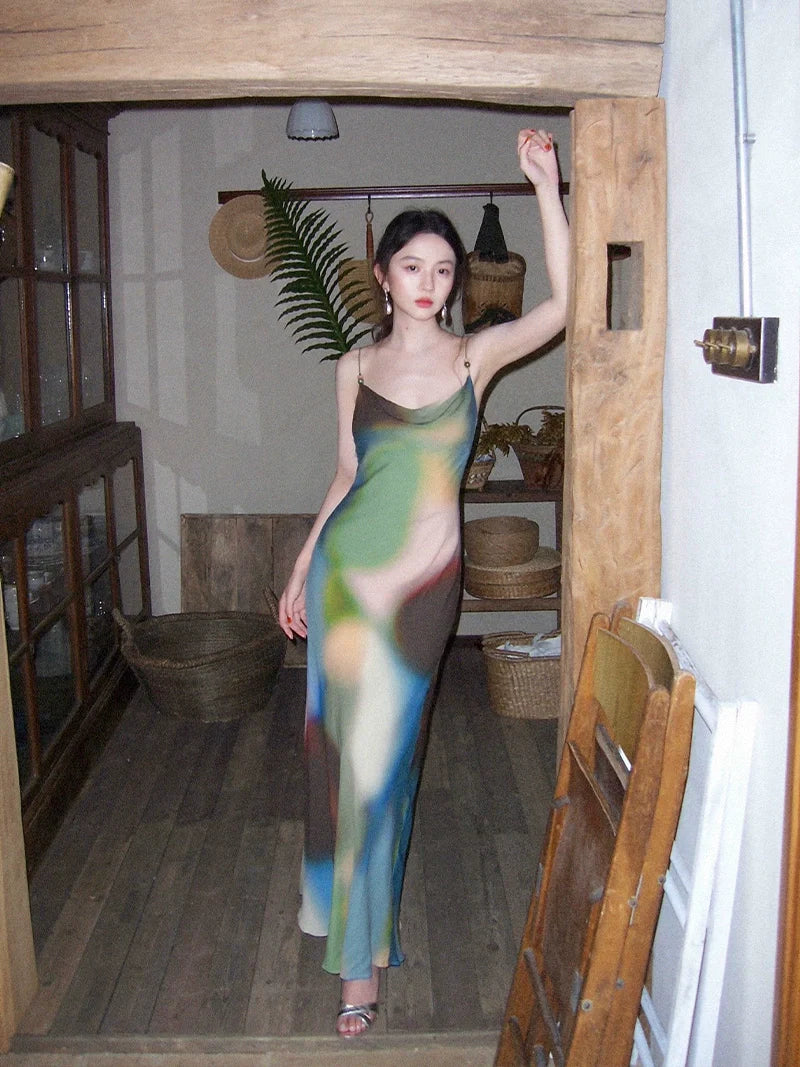Colorful Abstract Print Spaghetti Strap Maxi Dress