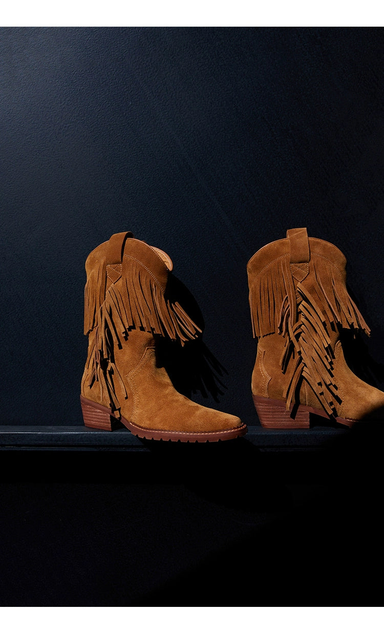Cowboy Boot with Fringe Detailing and a Brown Stacked Heel