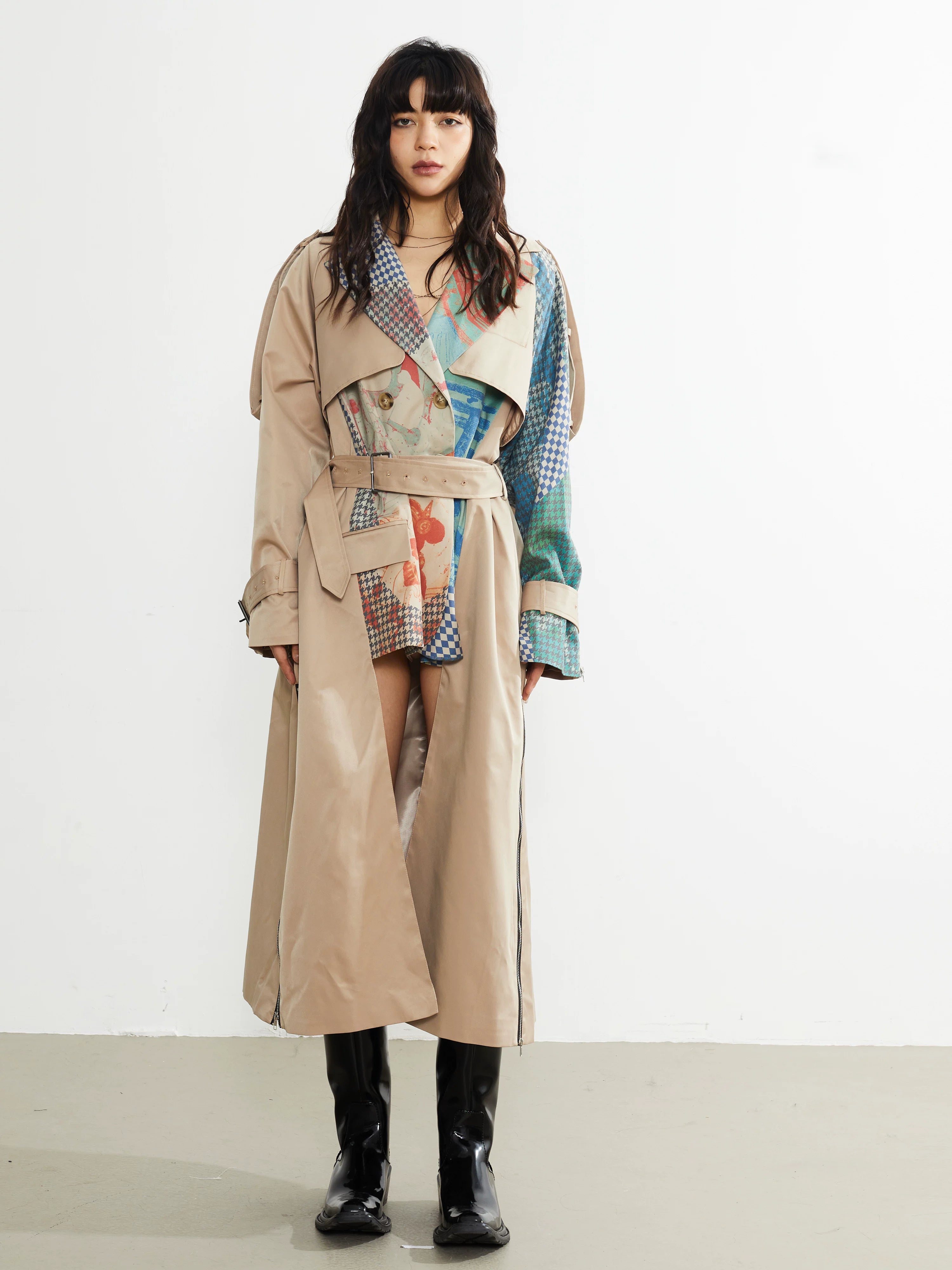 Patchwork Print Belted Trench Coat