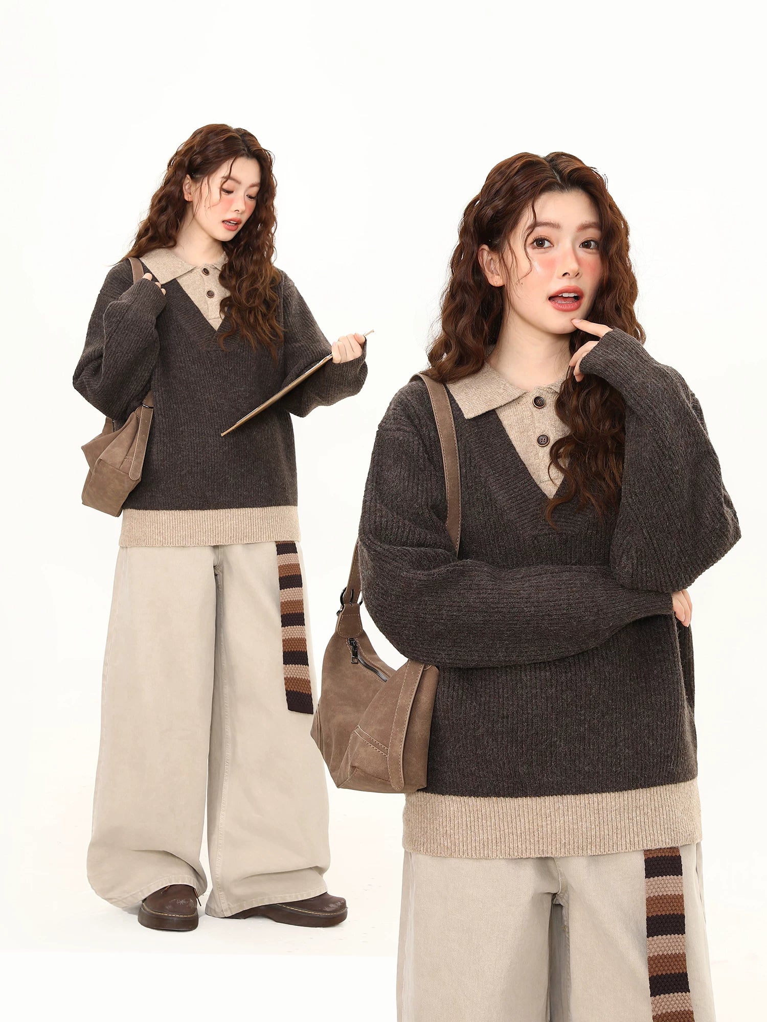 Mocha Layered Collar Knit Sweater