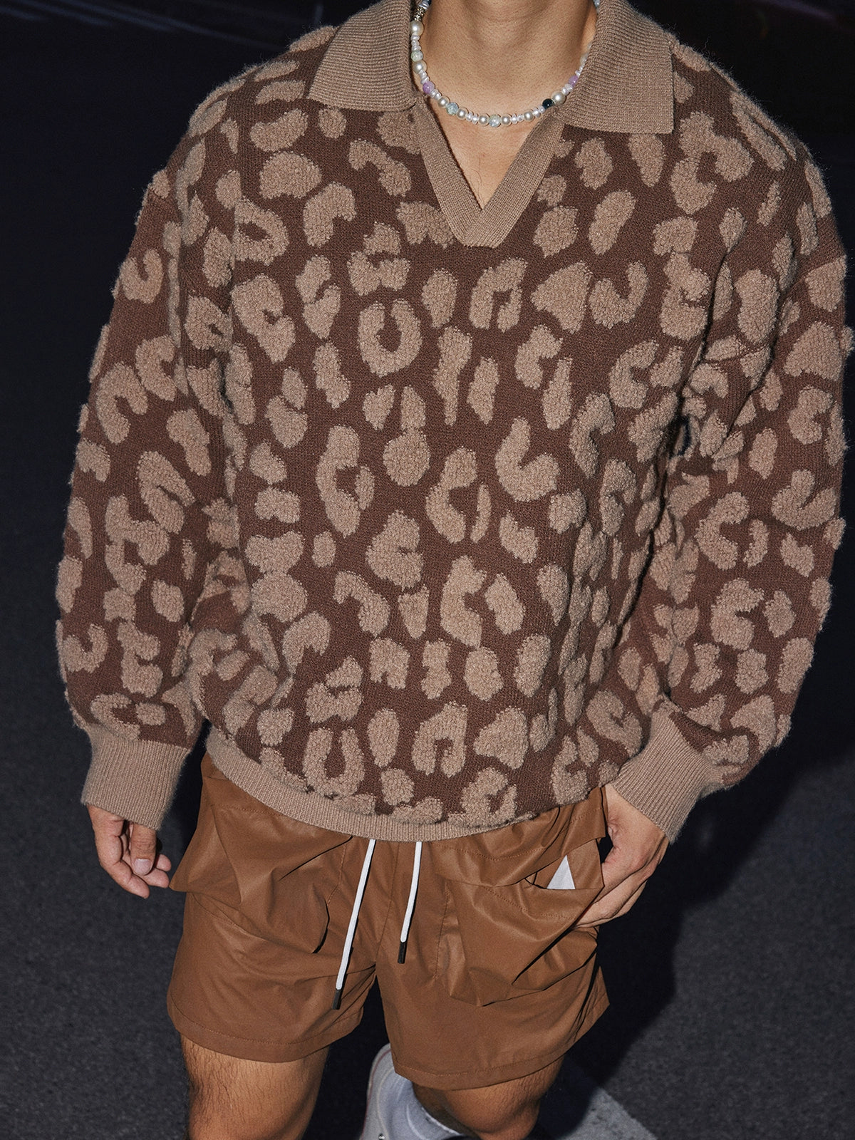 Brown Leopard Print Polo Sweater