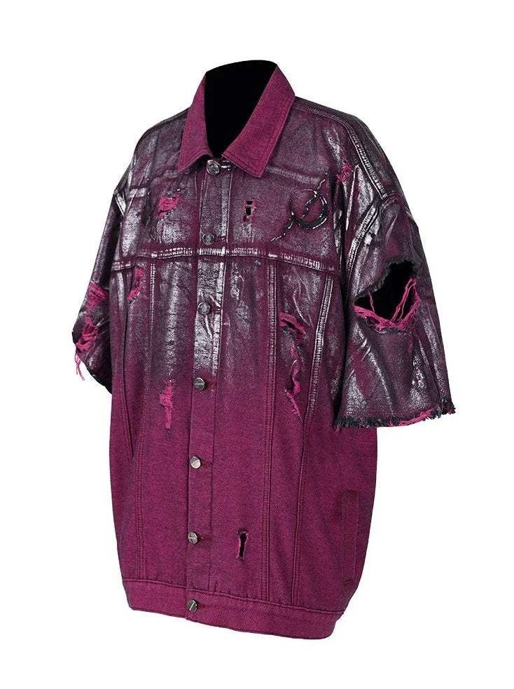 PINKSPINK Distressed Denim Jacket - Metallic Purple