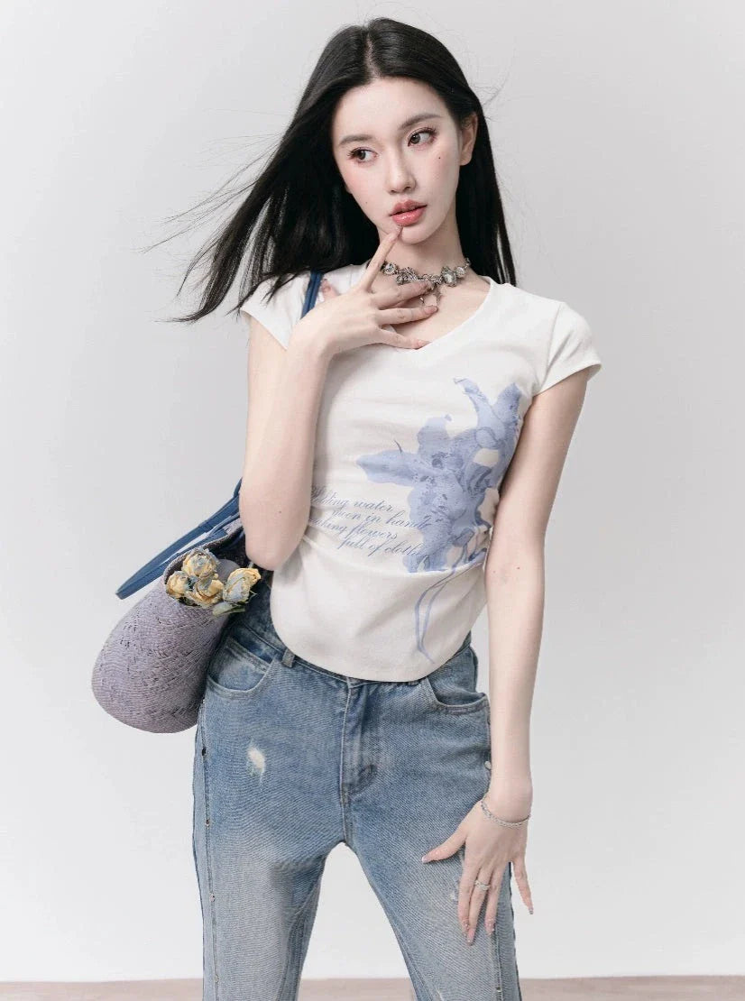 Watercolor Floral Cap Sleeve Ruched T-Shirt