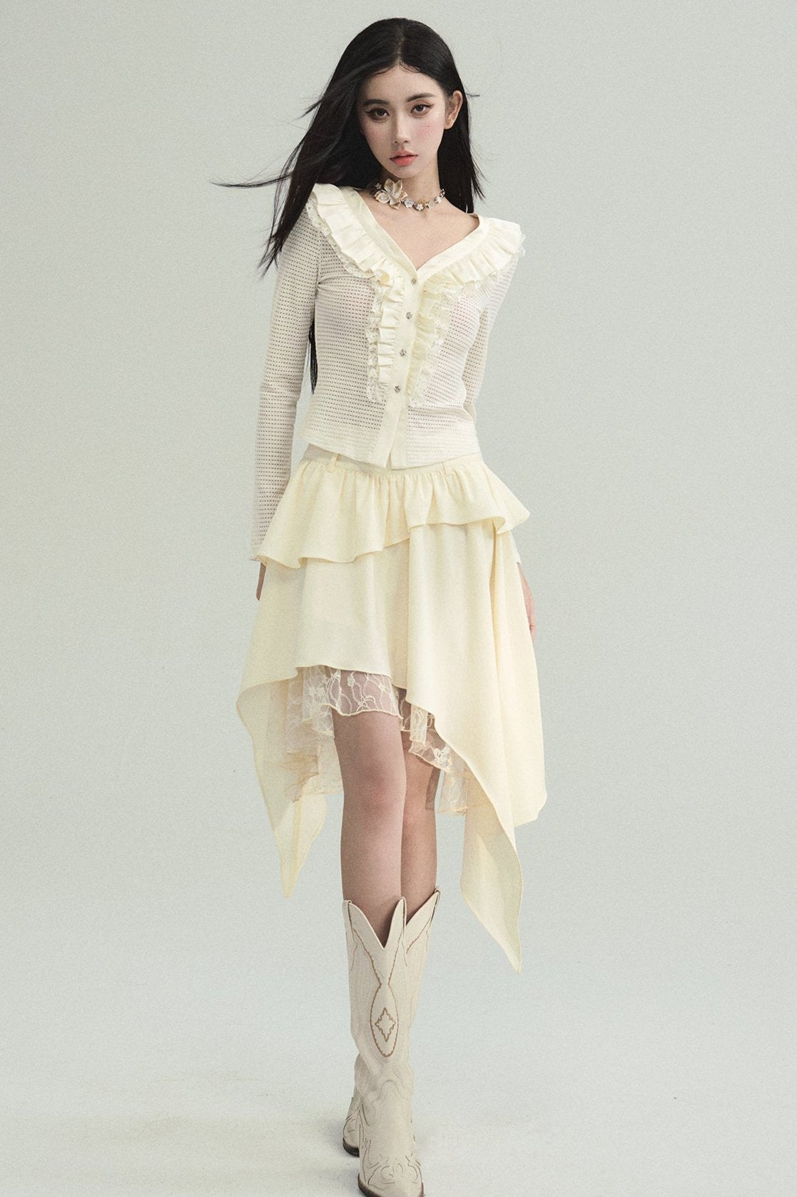 Cream Ruffled Collar Long Sleeve Cardigan