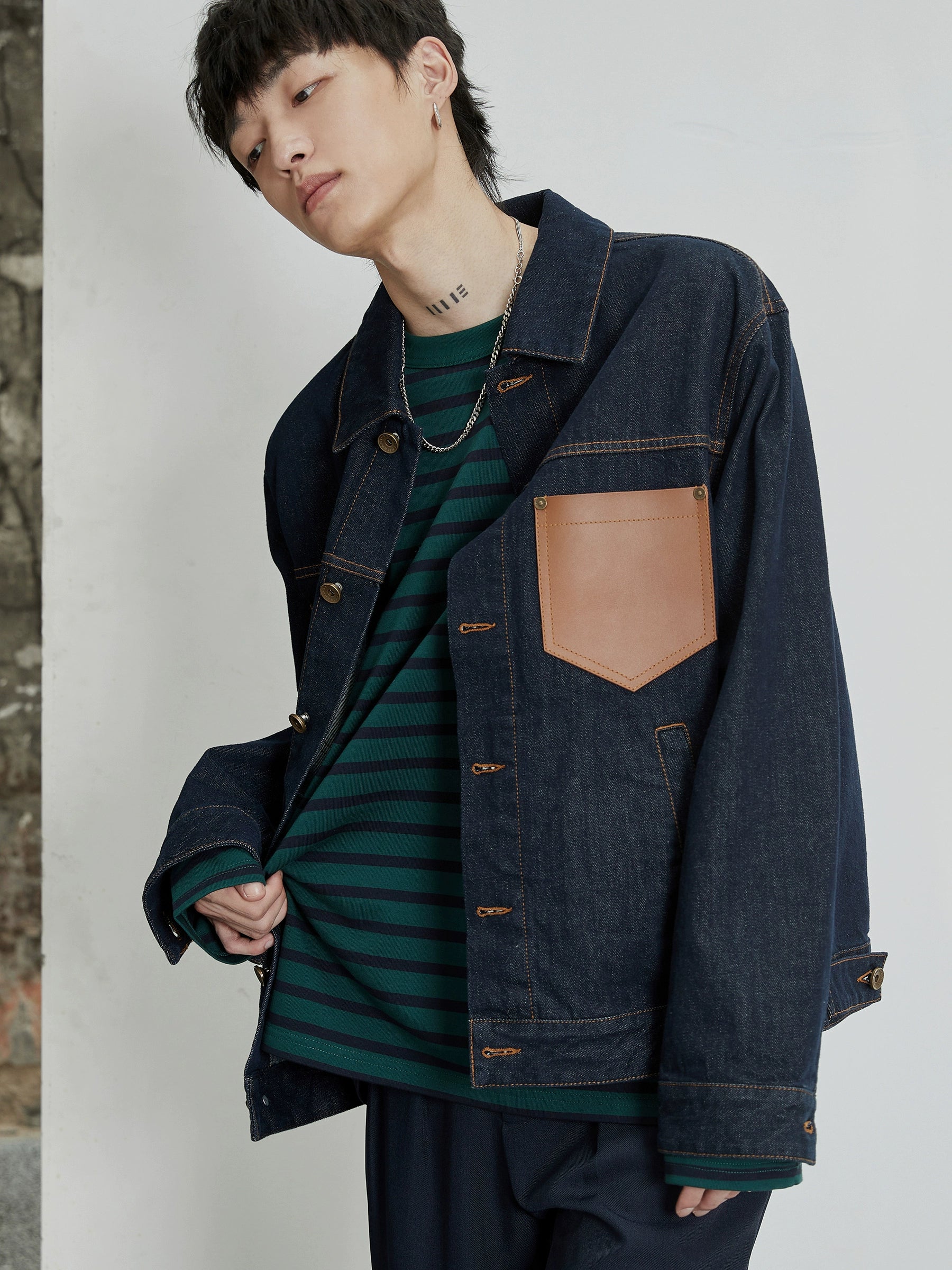 Color-Block Natural Denim Contrast Jacket