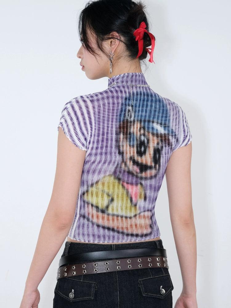 Cartoon Dog Print Ribbed Crop Top