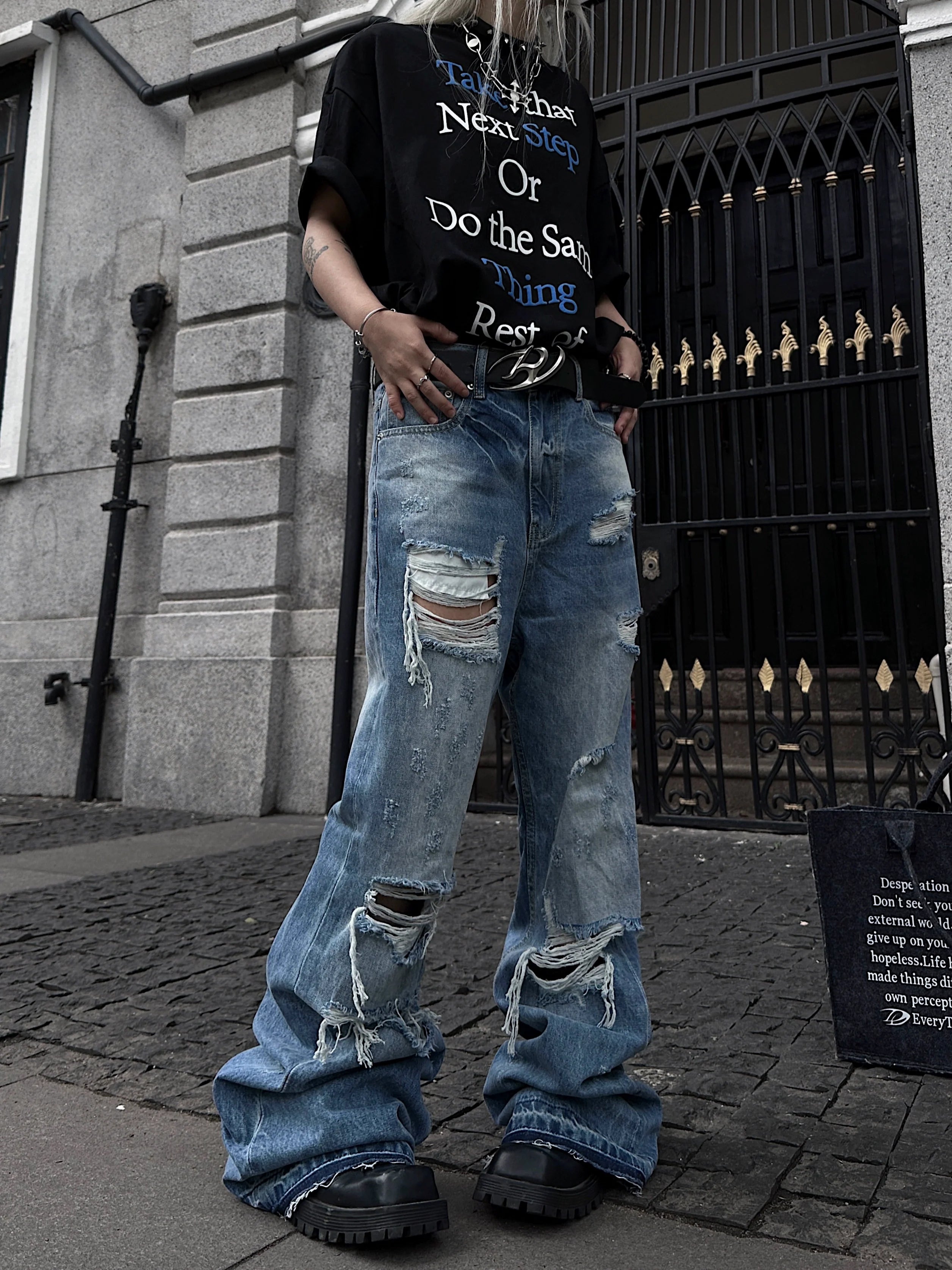 Men's Washed Distressed Fringe Whisker Stacked Flare Jeans