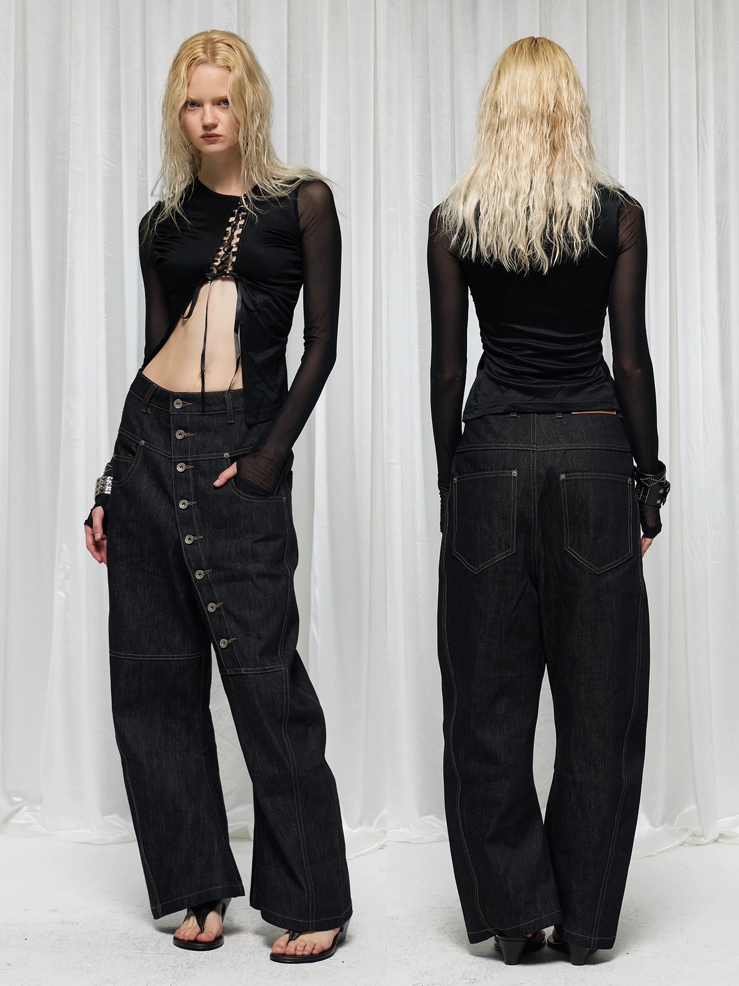 Asymmetric Button Wide-Leg Jeans