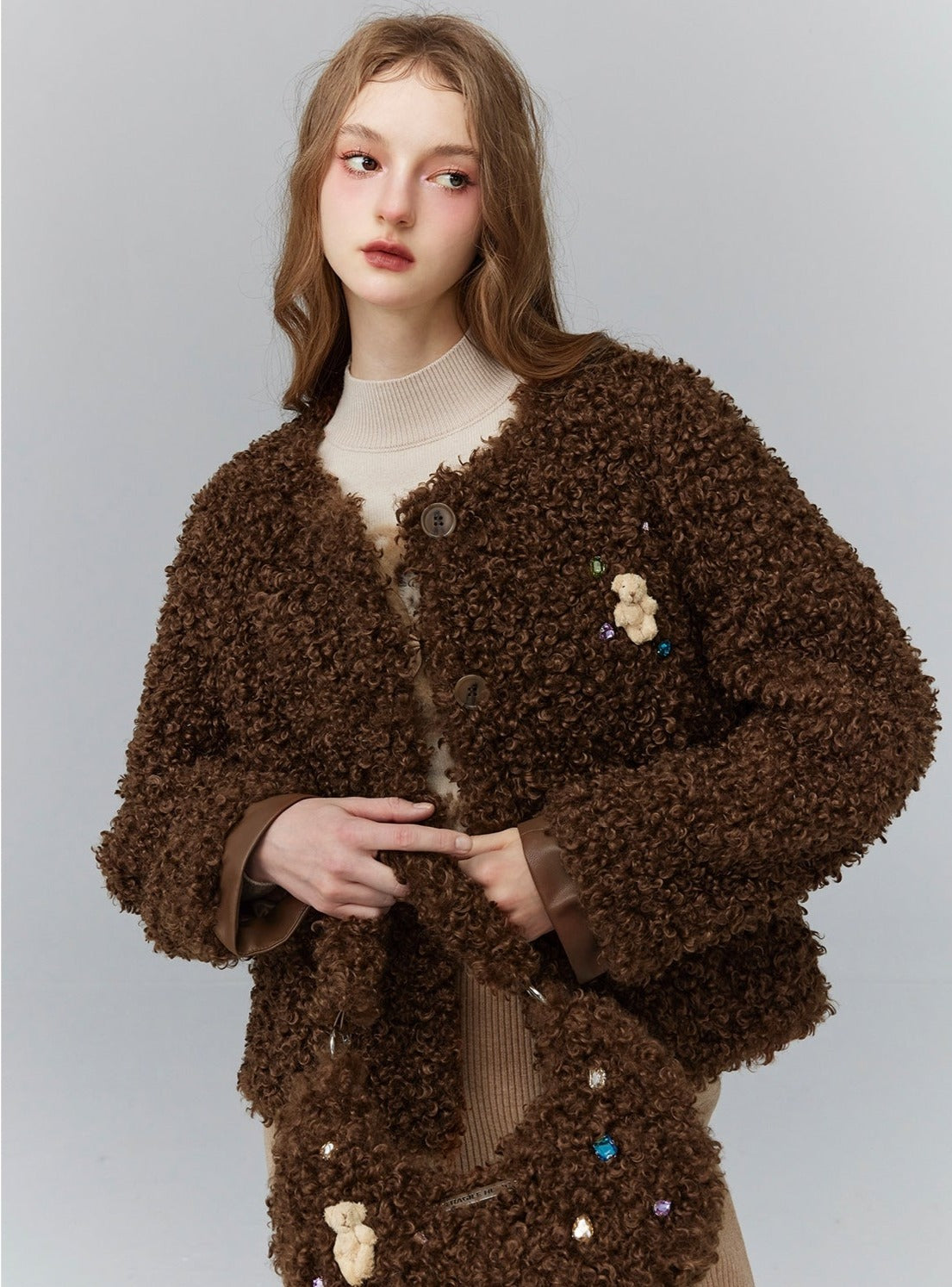 Cozy Teddy Bear Cardigan: Plush Textured Cropped Jacket with Charming Embroidered Details