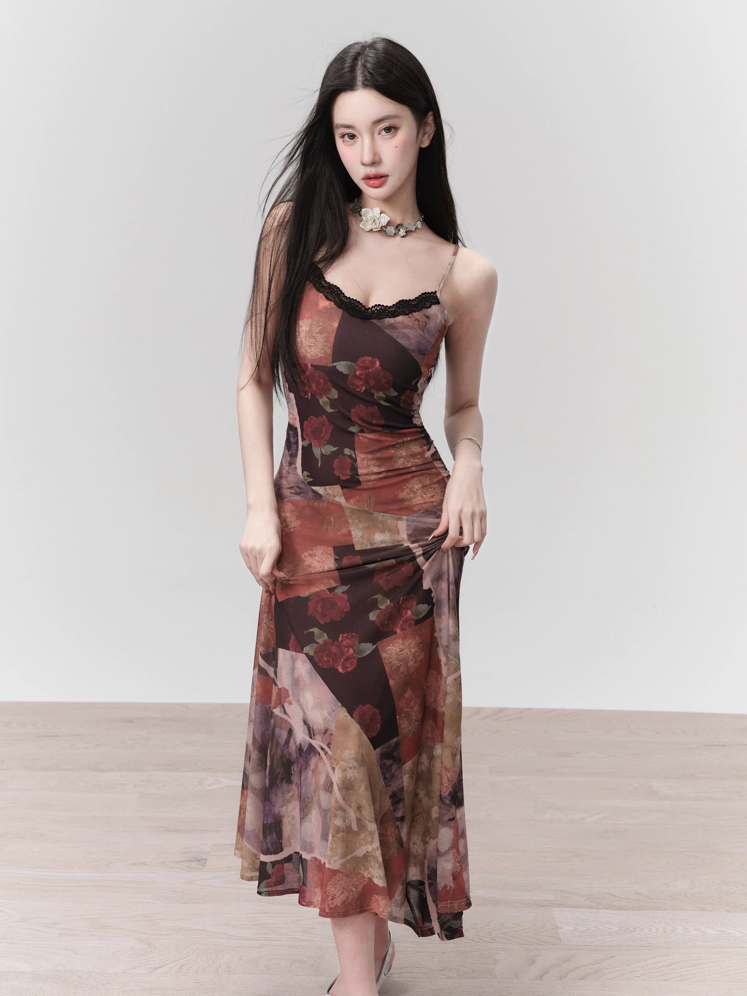 Romantic Patchwork Midi Dress: Lace-Trimmed Asymmetric Hem in Autumn Floral Print