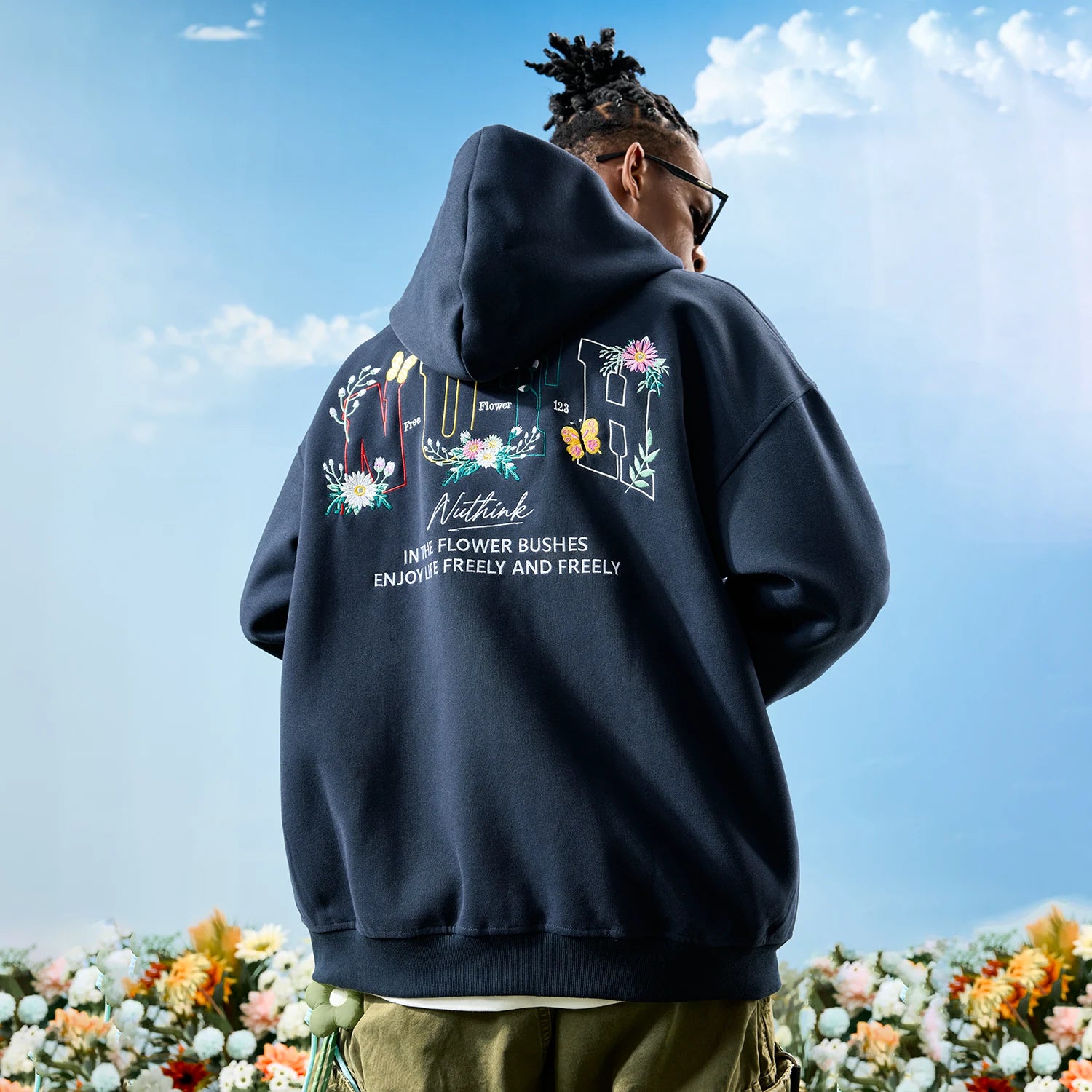 Floral Graphic Embroidered Zip-Up Hoodie