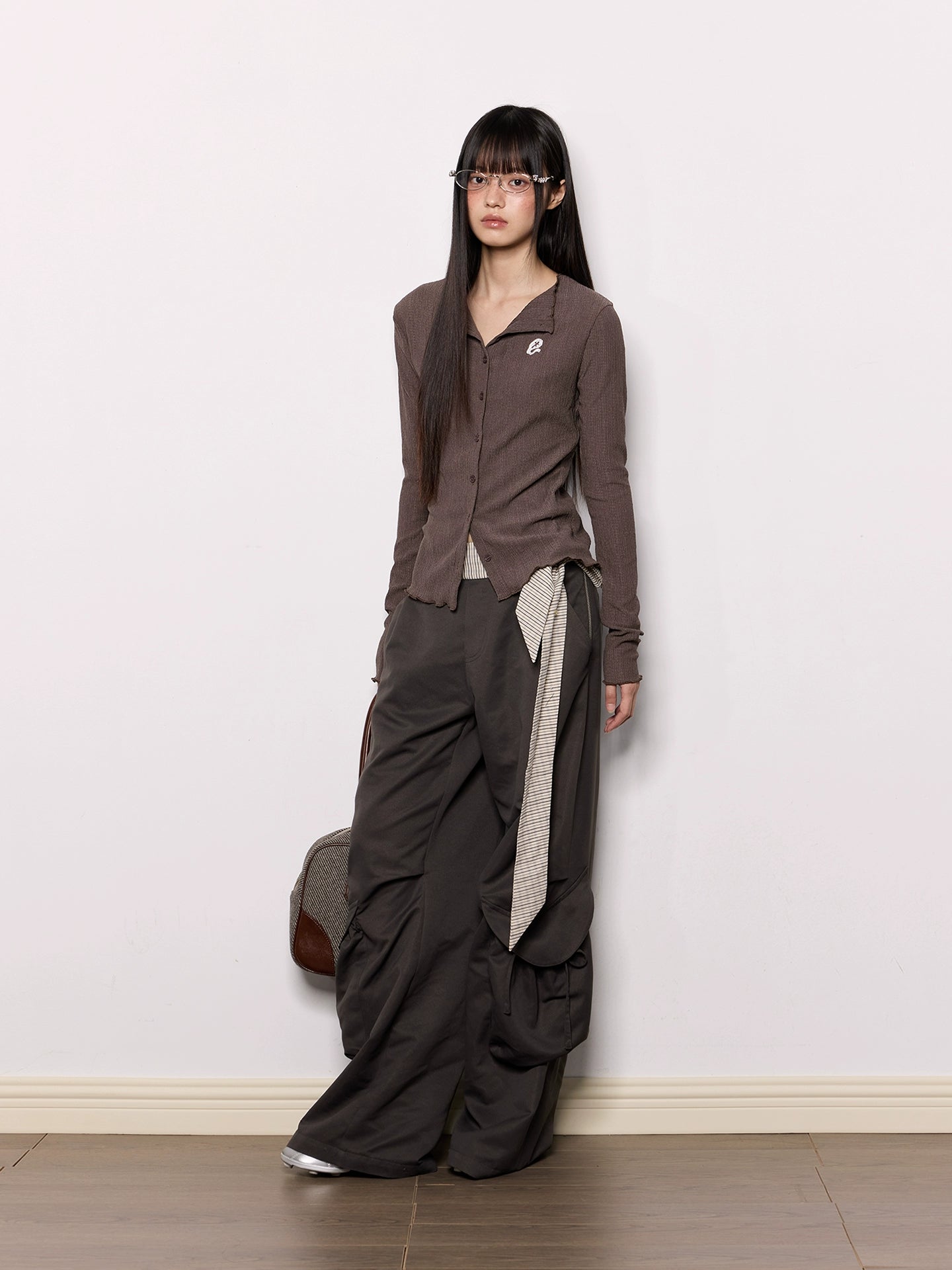 Wide-Leg Dark Cargo Pants with Striped Sash Belt