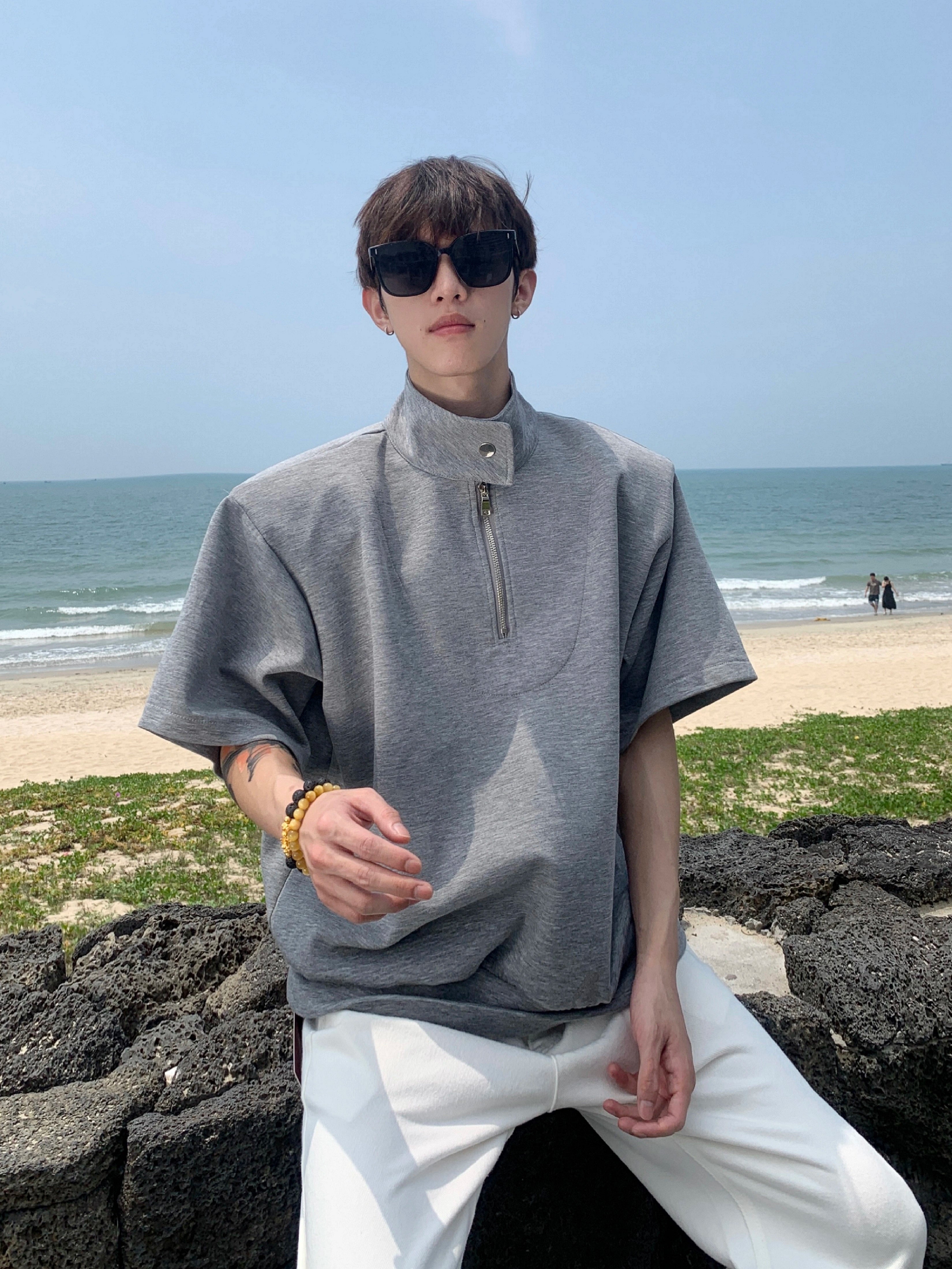 Gray Half-Zip Stand Collar Shirt