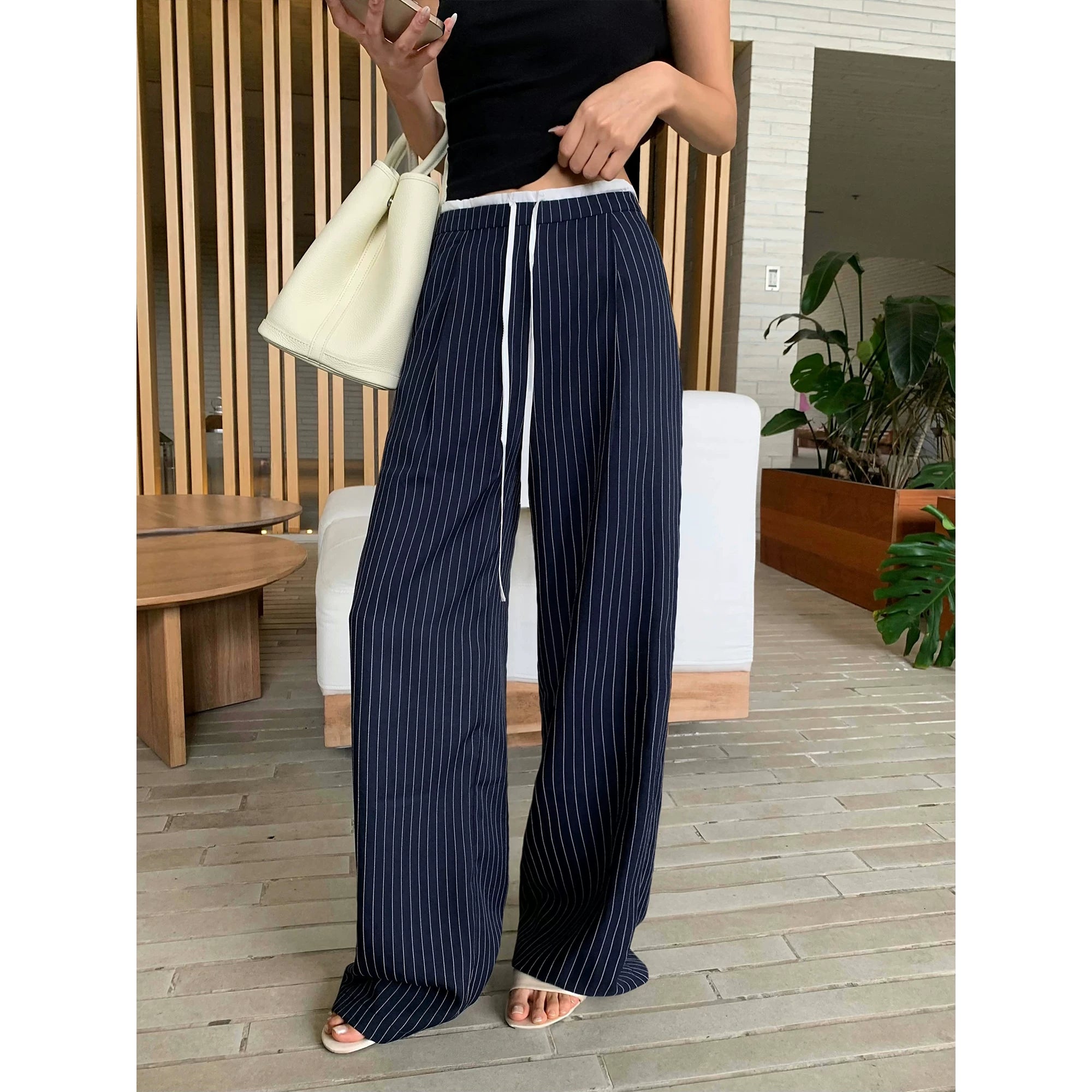 Pinstripe Drawstring Wide Leg Pants