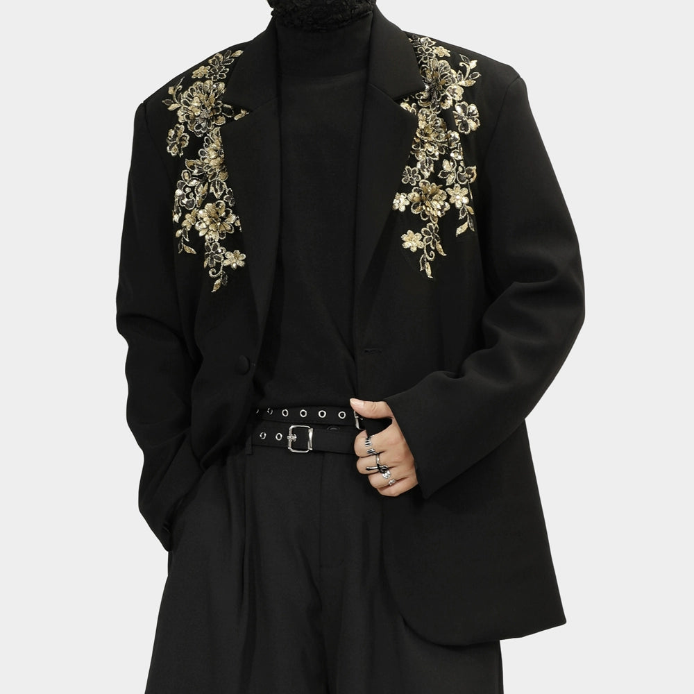 Black Blazer with Gold Floral Embroidery on Lapels