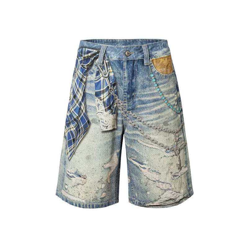 Plaid Chain Print Denim Jorts