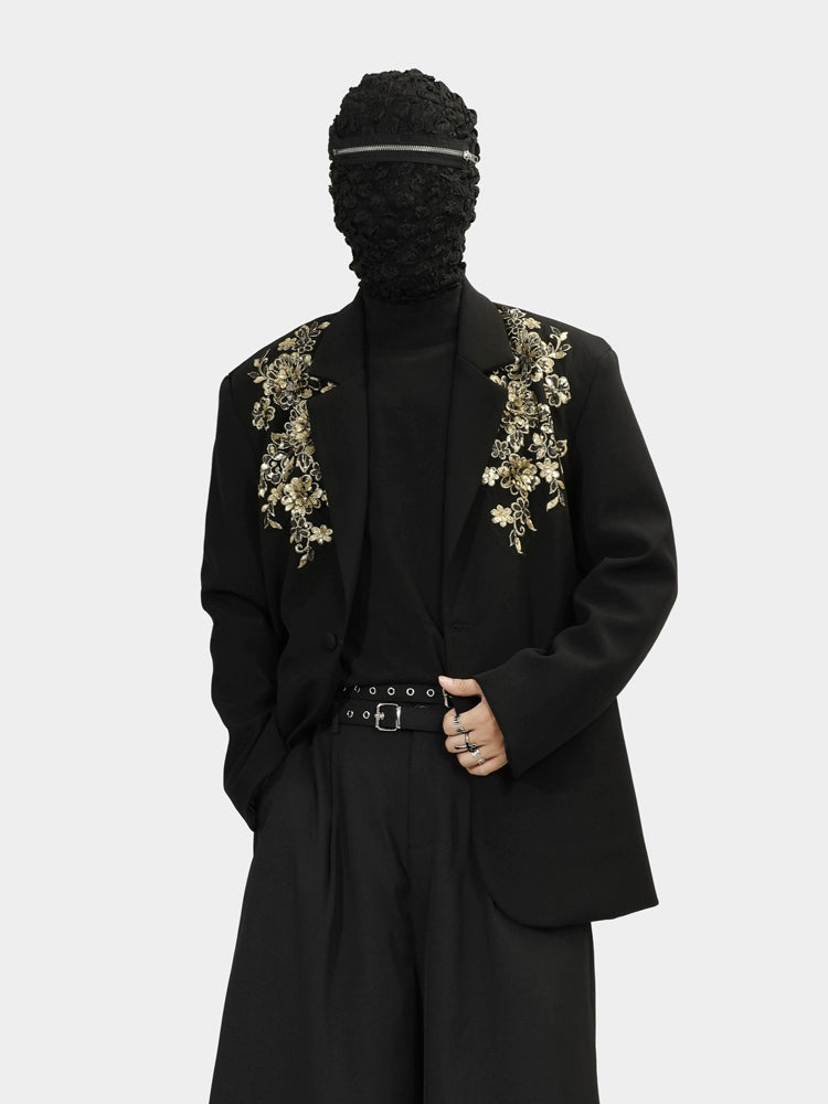 Black Blazer with Gold Floral Embroidery on Lapels