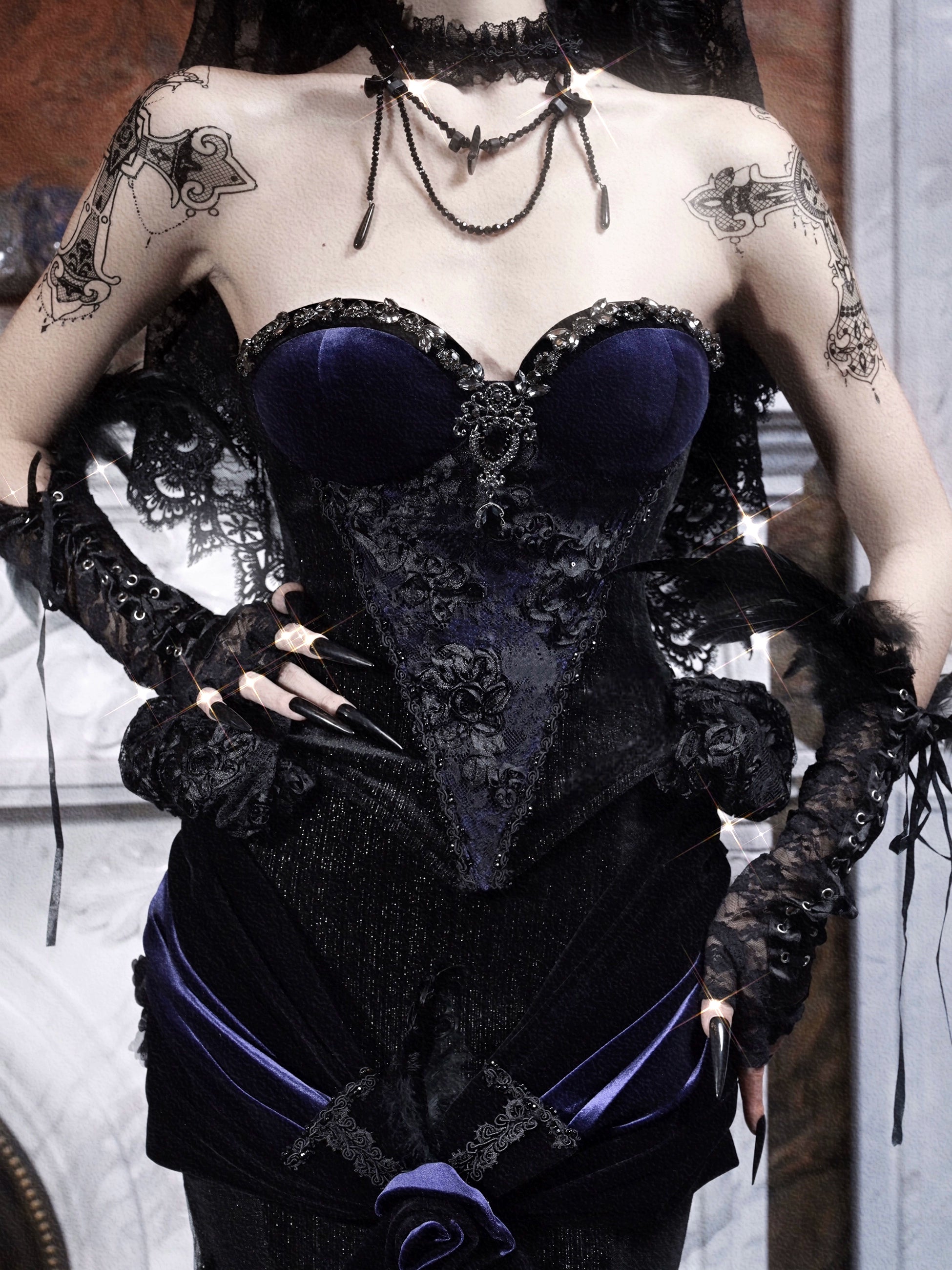 Gothic Midnight Blue Corset with Dramatic Ruffled Hip Details