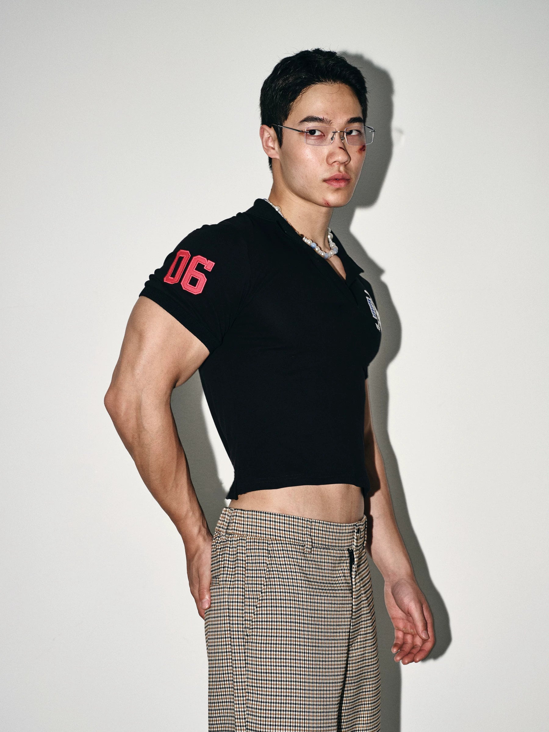 Black Fitted Patch Polo Crop Shirt