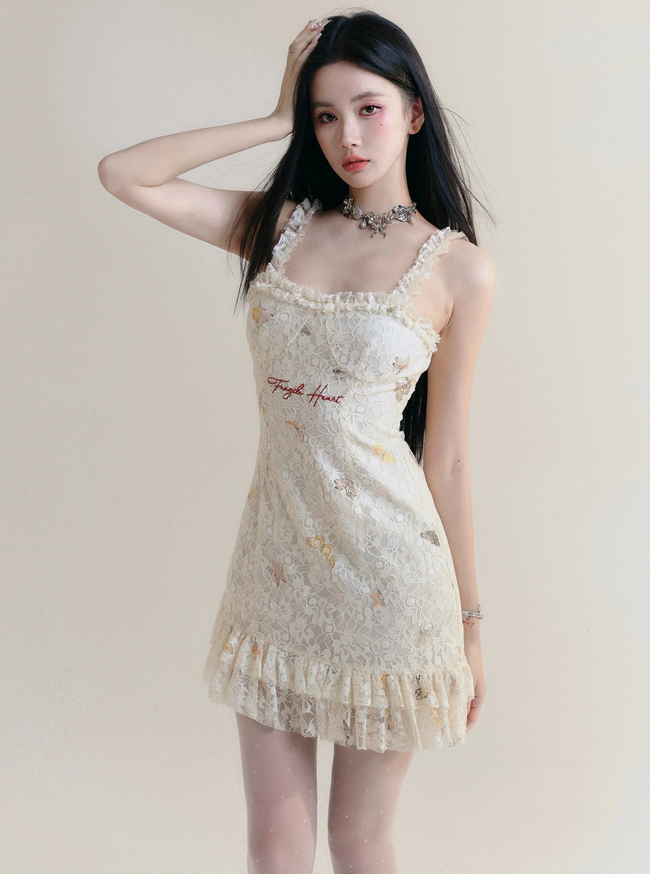 Vintage-Inspired Floral Lace Mini Dress with Ruffle Trim