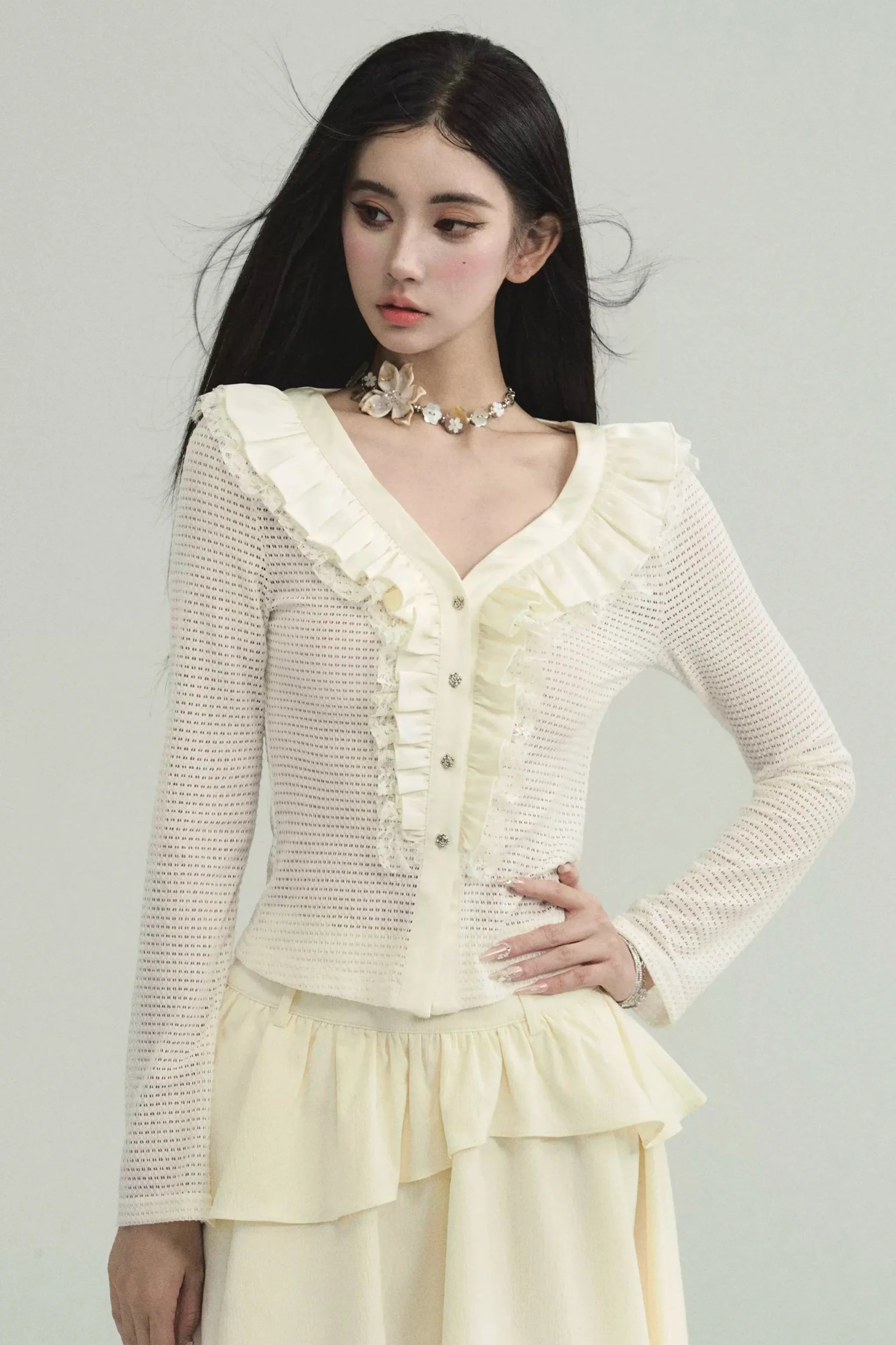 Cream Ruffled Collar Long Sleeve Cardigan