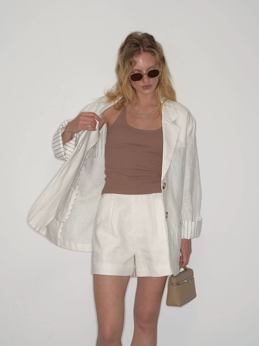 High-Waisted White Pleated Shorts
