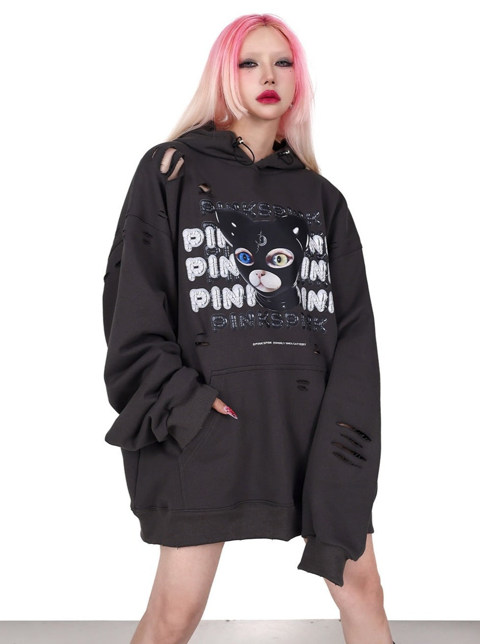 PINKSPINK Punk Cat Masked Hoodie - Dark Grey