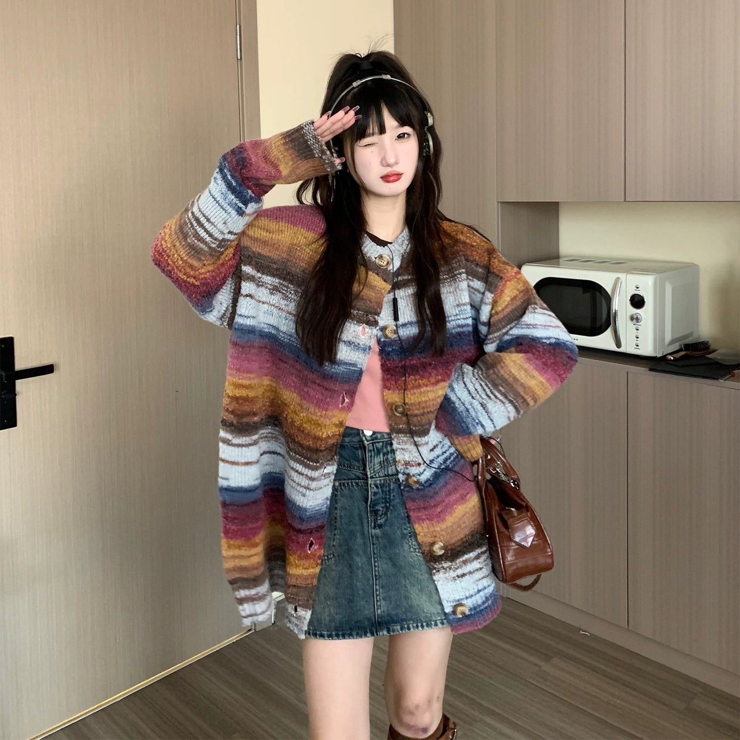 Oversized Fuzzy Striped Button-Up Cardigan