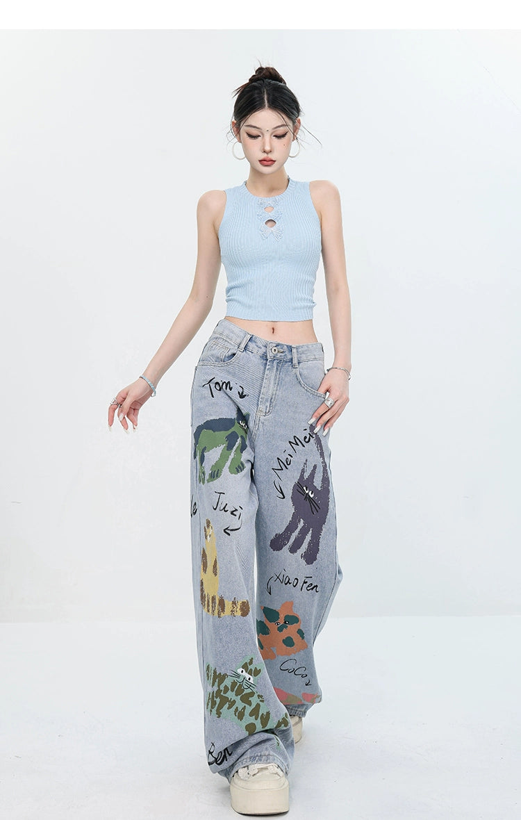 ABWEAR Whimsical Critter Doodle Wide-Leg Jeans